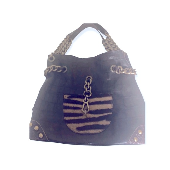 Innue Italian Leather Dark Brown/Calf Hair Front Pocket Gold Hardware Bag - Picture 2 of 9